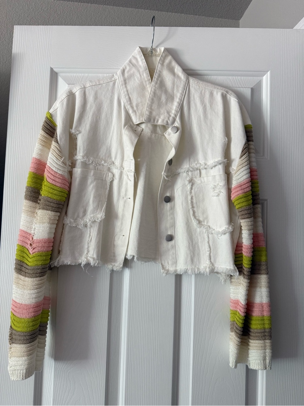 Cropped White Denim Jacket with Striped Knit Sleeves